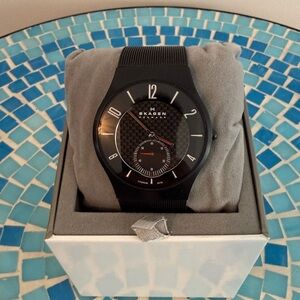 Skagen Black Mesh Watch with Carbon-Style Dial